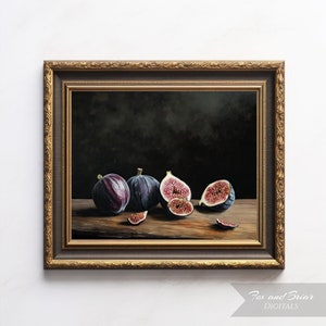 May include: A still life painting of figs in a gold frame. The painting features a dark background and a wooden table with five figs, two whole and three cut in half, with the cut sides facing the viewer. The figs are a deep purple colour with a pink interior.