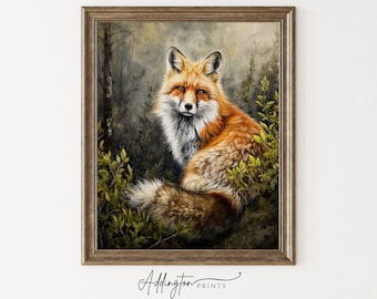 May include: A painting of a red fox sitting in a forest setting. The fox has a bushy tail and is looking directly at the viewer. The background is a blurred green and brown.
