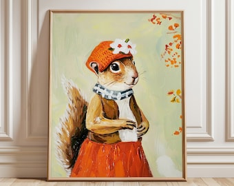 Woodland Squirrel Portrait | Wall Art Painting | Vintage Print | Cute Kids Room Wall Art | Nursery Print | Digital Download | PRINTABLE