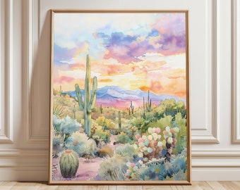 Stampa artistica del deserto dell'acquerello / Pittura artistica della parete del cactus / Tramonto del deserto / Arte scaricabile / Download digitale / Download istantaneo / STAMPABILE