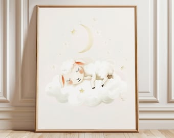 Impresión de arte de cordero bebé / Pintura de arte de pared / Cordero durmiendo en una nube / Luna y estrellas / Impresión de guardería / Habitación para niños / Descarga digital, IMPRIMIBLE