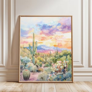 Watercolor Desert Art Print | Cactus Wall Art Painting | Desert Sunset | Downloadable Art | Digital Download | Instant Download | PRINTABLE