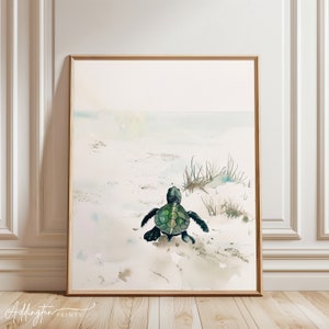 ウミガメの装飾 | 赤ちゃんウミガメの壁アート | 赤ちゃん動物の水彩画 | 海の保育園アート | ビーチの壁装飾 | デジタル印刷可能
