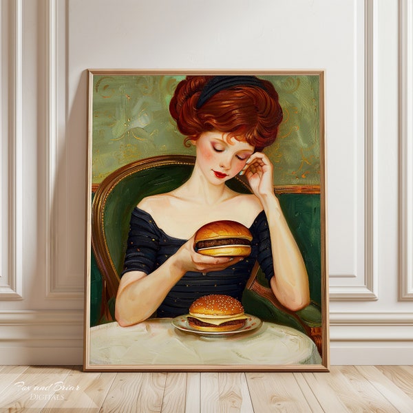 Elegant Lady with Cheeseburger Funny Art Print | Oil Painting Wall Art | 19th Century | Vintage Print | Food Poster | Digital | PRINTABLE