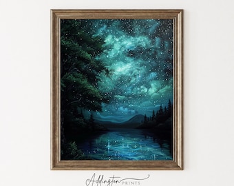 Vintage Stargazing on Lake Art | Night Landscape Print | Night Wall Art| Celestial Print | Oil Painting Print | Digital Download | PRINTABLE