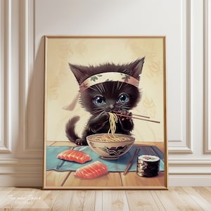 Noodle Black Cat Wall Art | Tokyo Art Print | Ramen Noodles Anime Art | Vintage Print | Cat Poster | Foodie Art | Digital Download/PRINTABLE