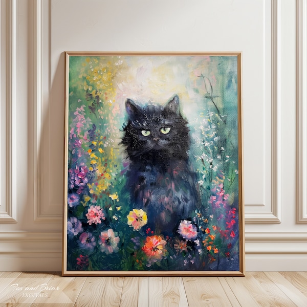 Funny Black Cat Floral Art Print | Wall Art | Oil Painting | Vintage Print | Boho Floral Print | Cat Poster | Digital Download | PRINTABLE