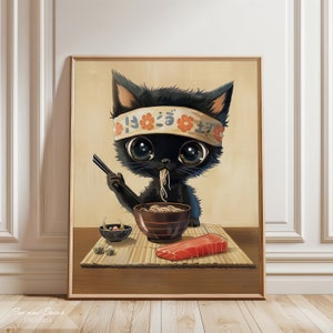 Noodle Black Cat Wall Art | Tokyo Art Print | Ramen Noodles Anime Art | Vintage Print | Cat Poster | Foodie Art | Digital Download/PRINTABLE
