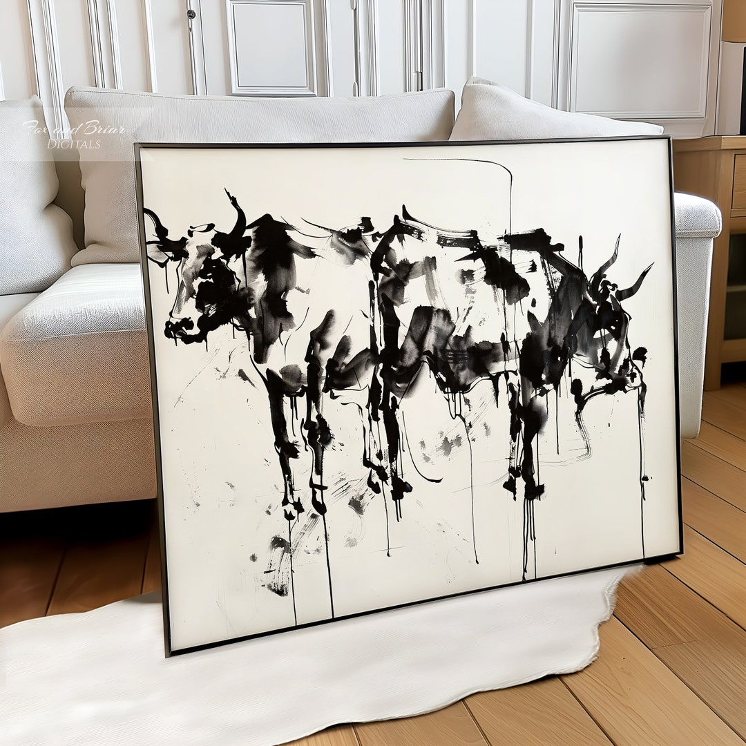 Abstract Cows Print | Wall Art | Cattle Painting | Vintage Print | Mid ...