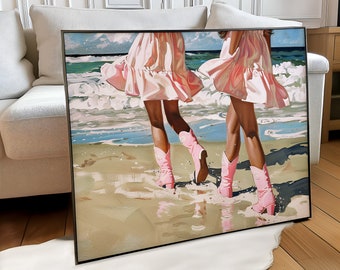 Pink & Preppy Cowgirl Boots Art Print | Girly Trendy Wall Art | Cowgirl Boots Ocean Coastal | Oil Painting | Dorm Room | Digital | PRINTABLE
