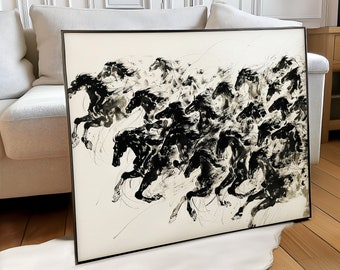 May include: Black and white artwork featuring a herd of running horses. The horses are depicted in a dynamic, abstract style with bold brushstrokes. The artwork is framed in a black frame and rests on a white surface. The text "Addington Prints" is visible at the bottom.