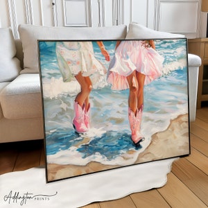 Pink & Preppy Cowgirl Boots Art Print / Girly Trendy Wall Art / Botas de vaquera Ocean Coastal / Pintura al óleo / Dormitorio / Digital / IMPRIMIBLE