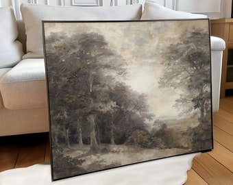May include: A framed watercolor painting of a forest scene with a light gray background and dark gray trees. The painting is in a brown frame.