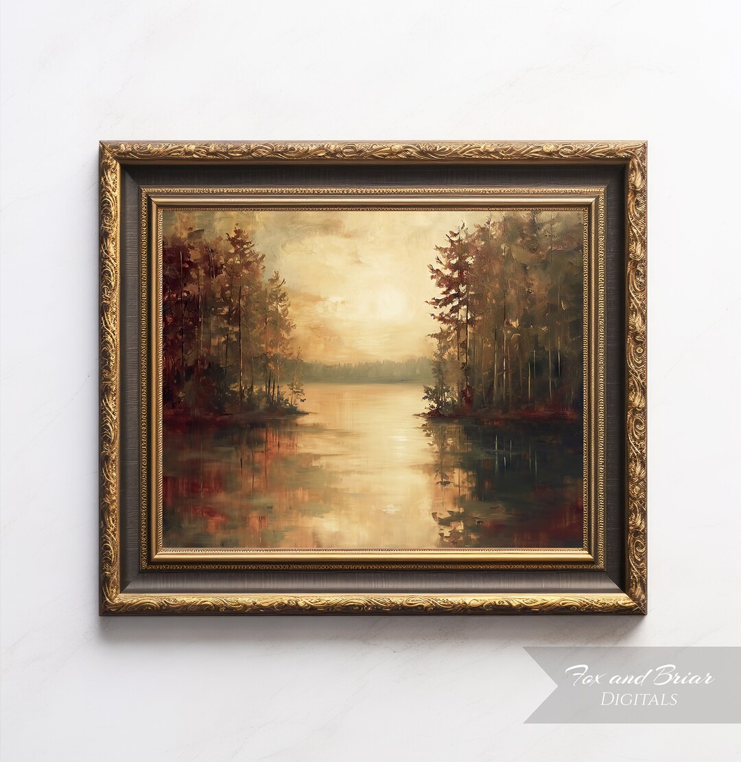 Moody Vintage Forest Lake Art Print Wall Art Oil Painting Autumn Tones ...