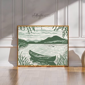 Retro See Poster Kunstdruck | Wandkunst | Sommer See Kunstdruck | Vintage Druck | Bäume Landschaft | Boot auf dem Wasser | Digital | DRUCKBAR
