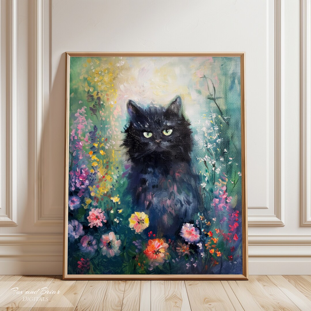 Funny Black Cat Floral Art Print | Wall Art | Oil Painting | Vintage ...