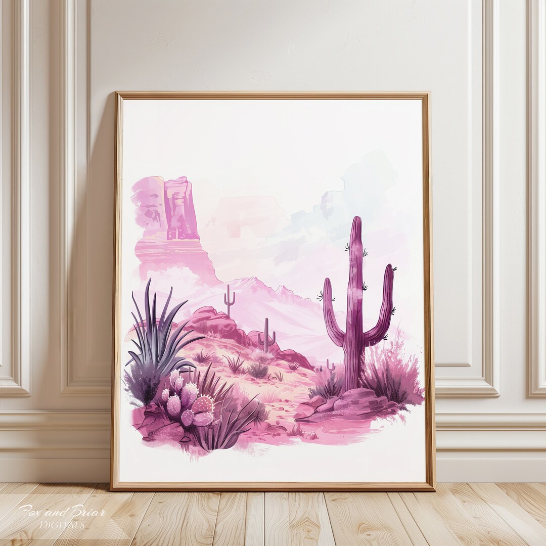 Pink Desert Art Print | Cactus Art | Desert Landscape Wall Art Painting ...