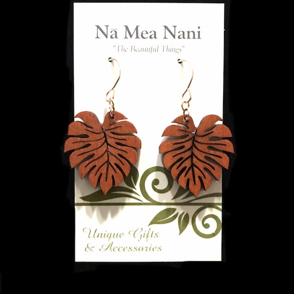 Wood Monstera Dangle Earring