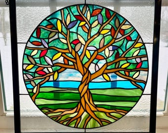 Stained Glass Tree of Life Window Hanging with Zinc Frame