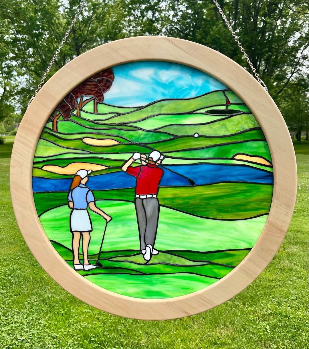 Stained Glass Golf Scene Window Art Etsy