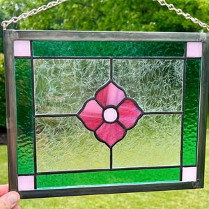 Victorian Floral Stained Glass Window Panel with Pink Petunia Flower Design, Home Decor and Antique Zinc Frame