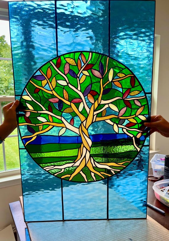 Hand-crafted 22x36 Inch, Custom Stained Glass Tree of Life
