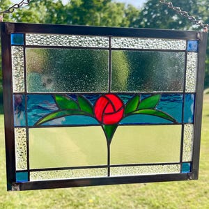 Edwardian Rose- Stained Glass Window Panel with Antique Metal Frame - Handcrafted Home Decor