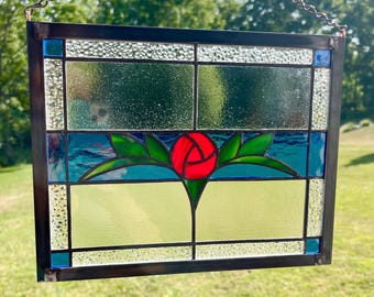 Edwardian Rose- Stained Glass Window Panel with Antique Metal Frame - Handcrafted Home Decor