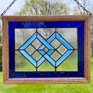 Traditional Blue Diamonds Stained Glass Window Panel with Metal Frame and Mounting Hardware - Handcrafted Home Decor