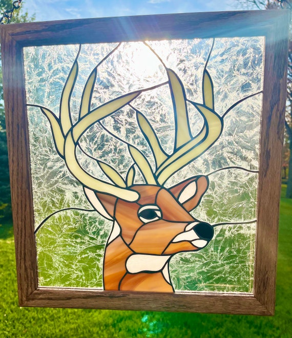 Stained Glass Deer Window Panel: Handcrafted Home Decor