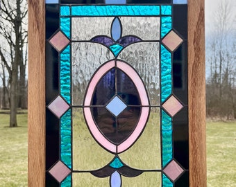 Victorian Stained Glass Window Panel: Black Opal, Purple Artique, Iridescent Accents
