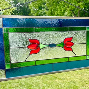 Victorian Tulip Stained Glass Window Panel in Blue - 14x26 inch, Hand-Crafted Home Decor with Antique Zinc Frame, Mounting Hardware Included