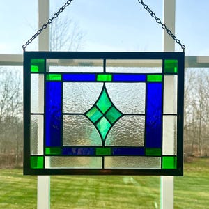Elegant Stained Glass Diamond Window Panel with Abalone Blue/Green Center Diamond Cluster and Zinc Frame - Handcrafted Home Decor & Gift