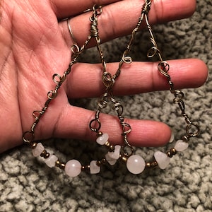 Dangling Copper Wrapped Rose Quartz Earrings
