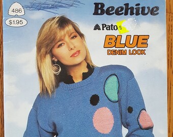 Beehive Book 486  Blue Denim Look  Sweaters Pattern Book 1987