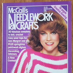 McCalls handarbete och hantverksmagasin mars/april 1981 Korsstygn, stickade babyplagg, kaninidéer, broderi