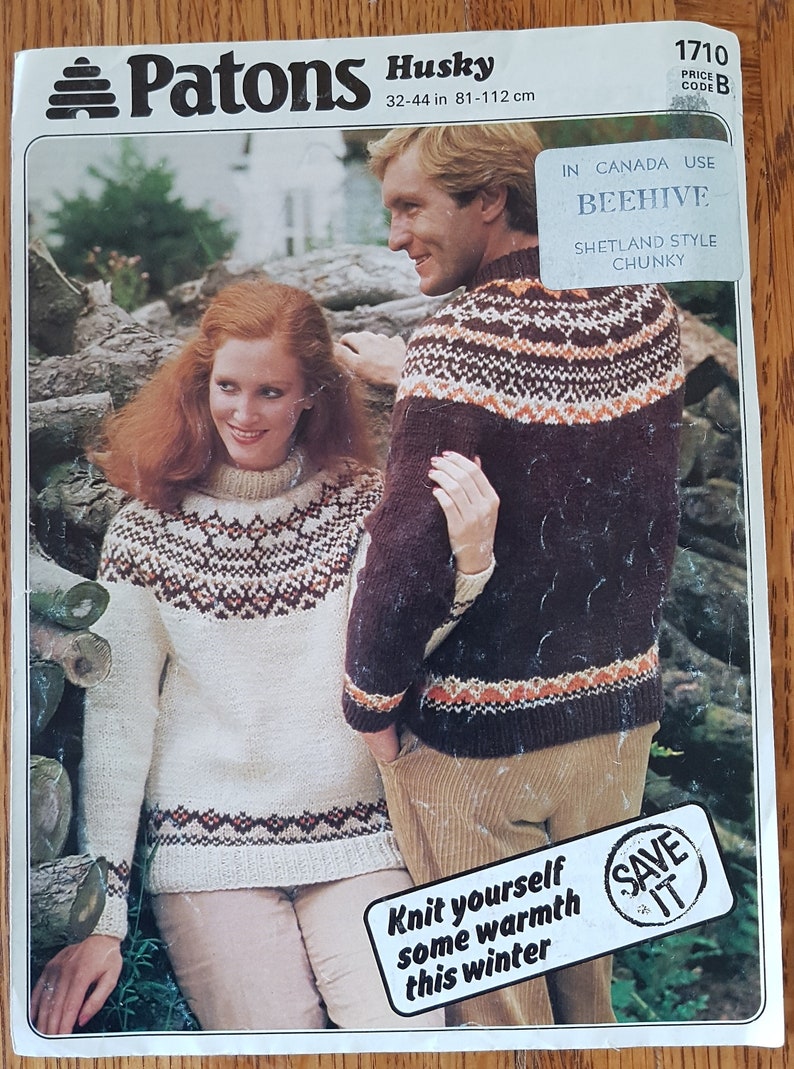 Patons # 1710 Husky For Extra Warmth Sweater Knitting Pattern Leaflet Sizes 32-44 in.