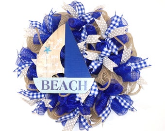 Summer beach wreath, Summer mesh wreath, front door wreath, summer decor, Sail boat wreath, jute wreath, nautical wreath, seaside wreath