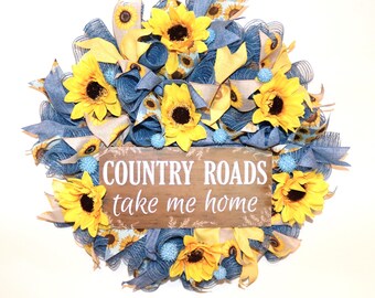 Sunflower wreath, blue sunflower wreath, summer wreath, fall wreath, everyday wreath, all year wreath, sunflower decor, country wreath