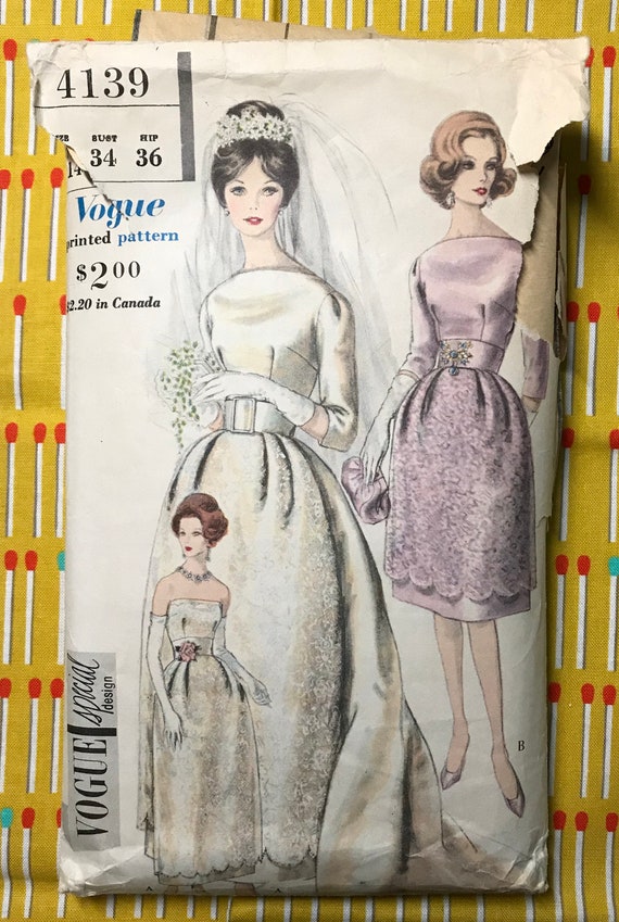 1960s Vintage Wedding Dress Pattern Vogue 4139 34 Etsy