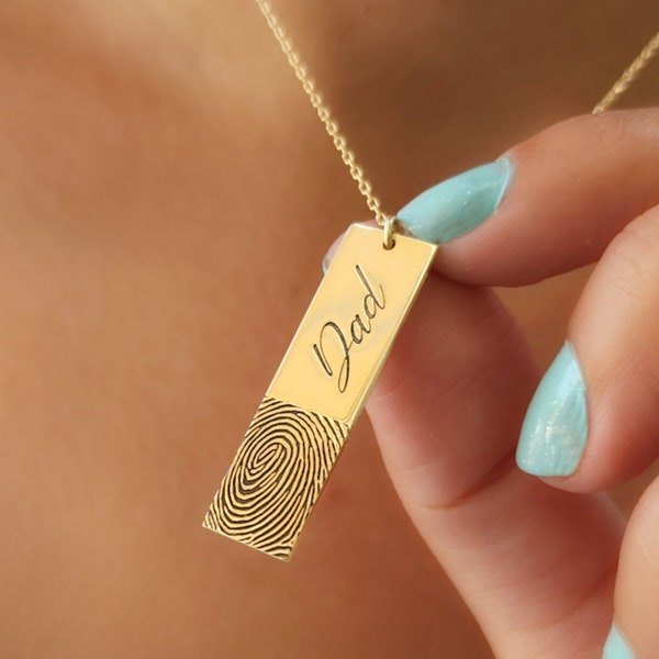 14K Solid Gold Fingerprint Necklace-Bar Fingerprint Necklace-Fingerprint Jewelry-Christmas Gift-Memorial Figerprint Necklace