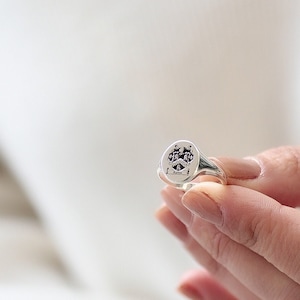 May include: A silver signet ring with a crest design. The ring is oval shaped and has a smooth, polished finish.