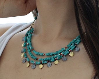 bib necklace online Turquoise Necklace-925 Sterling Silver- Antique necklace- Bohemian necklace- Anatolian Necklace-Turquoise Jewelry-Coral Necklace-Mother gift