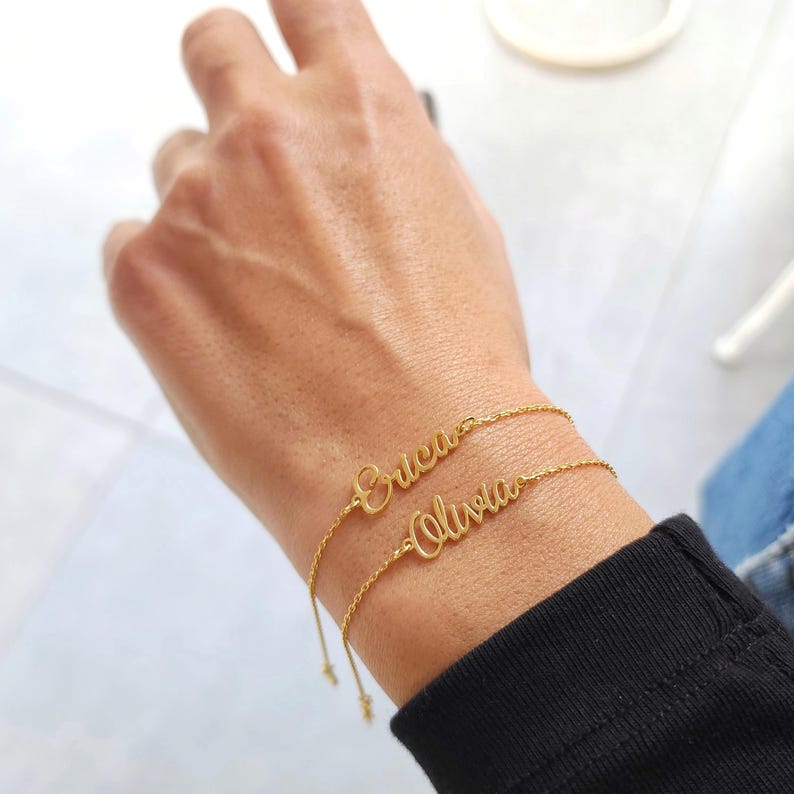 Pulsera de oro macizo de 14 quilates con nombre: Joyas personalizadas con inicial de letra - Pulsera de oro con nombre - Pulsera con nombre personalizada - Pulsera con nombre - Regalo de Navidad imagen 2