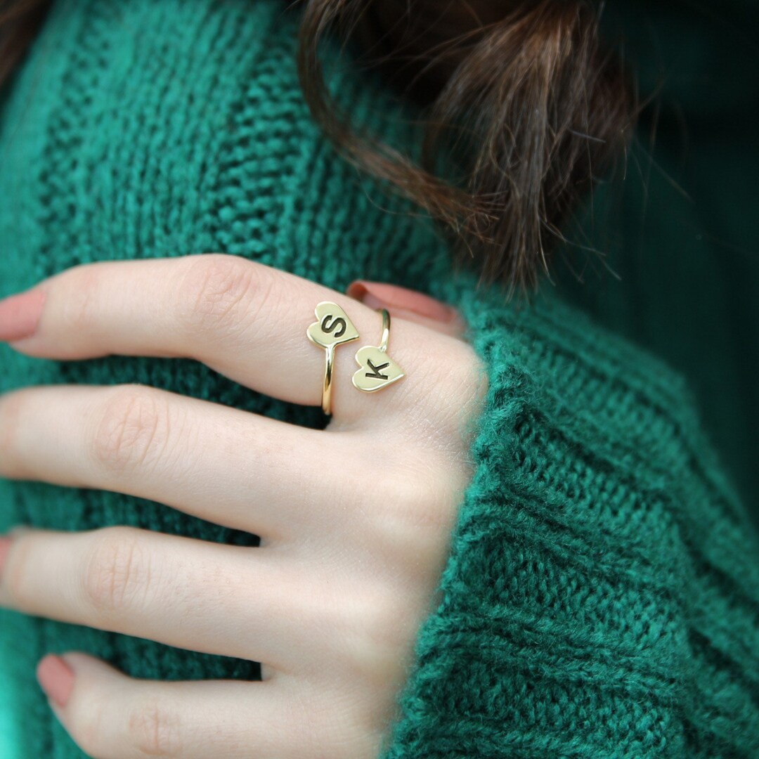 Silver Initial Ring Heart Letter Ring Adjustable Rings