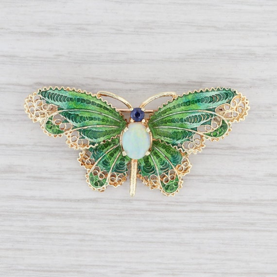 Opal Sapphire Butterfly Brooch 14k Yellow Gold Orn