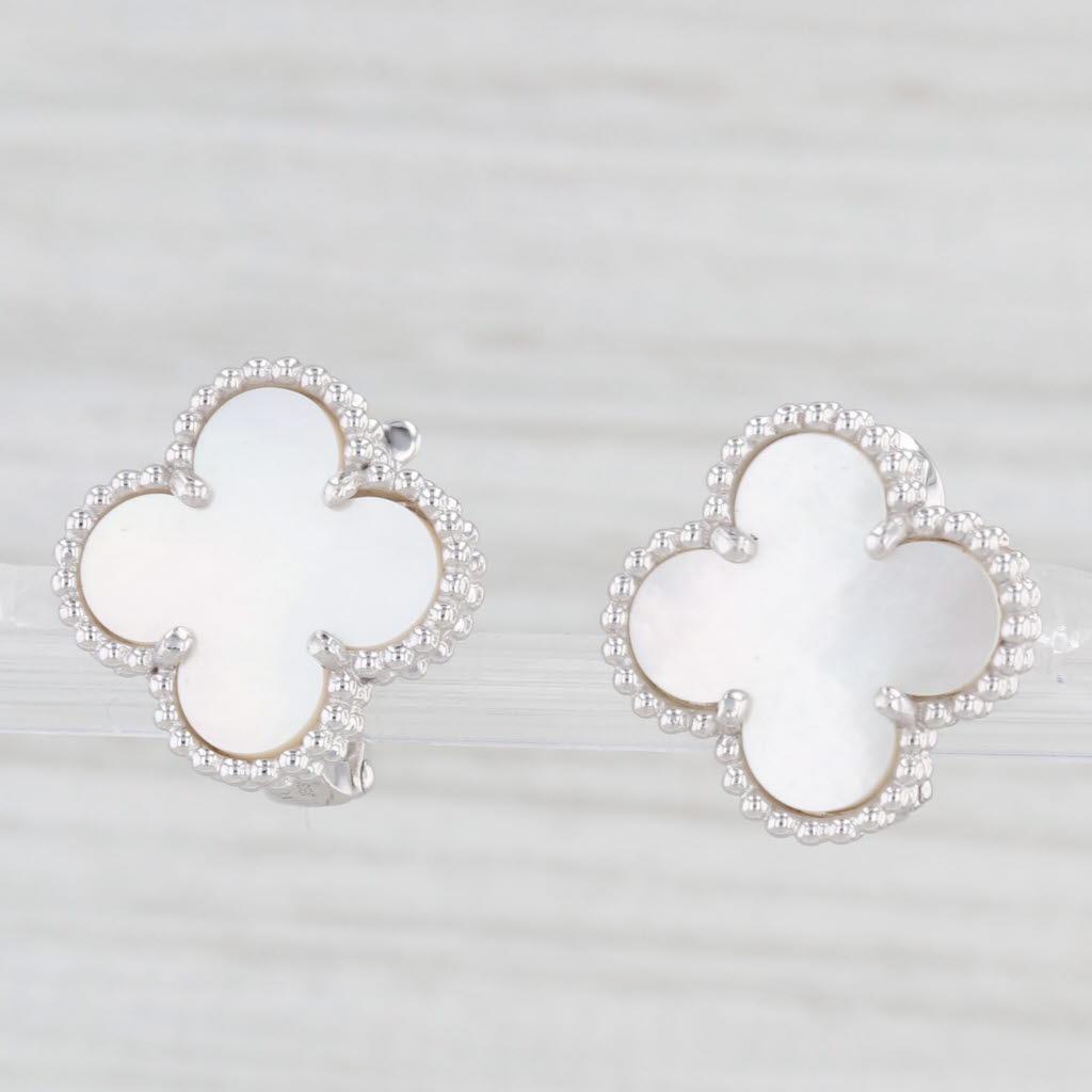 Van Cleef Arpels Mother Pearl Alhambra Vintage Earrings 18k White Gold Cert VCA