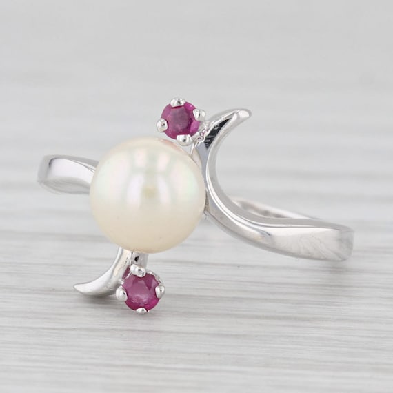 Cultured Pearl Ruby Bypass Ring 14k White Gold Siz