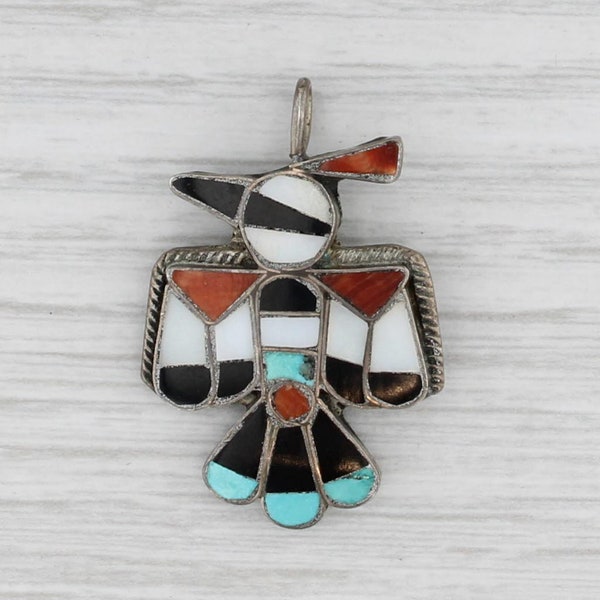 Native American Thunderbird Pendant Sterling Silver Stone Mosaic Zuni Tribe