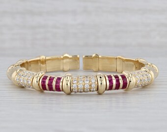 3.90ctw Ruby Diamond Cuff Bangle Bracelet 18k Yellow Gold 6.5"